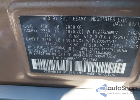 2012 Subaru Outback 2.5I z USA, uszkodzony, nr VIN 4S4BRBAC3C3252908